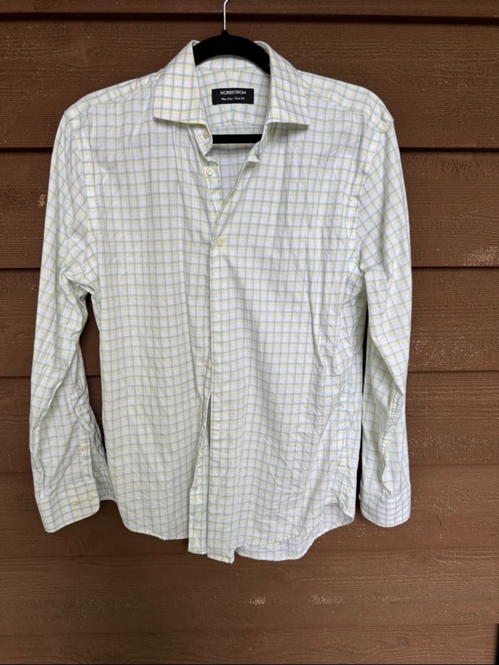 Nordstrom Non-Iron Trim Fit Men's White Shirt with Yellow Green Plaid size 15x32